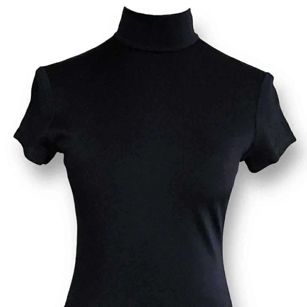 Vintage 90s Tadashi Dress XSP XS Petite Black Bodycon Mock Neck Rhinestone Belt